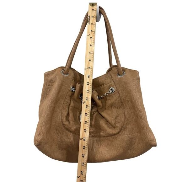 Furla Tan Pebbled Leather Chain Lock Drawstring Satchel Shoulder Bag Y2K Boho - Picture 3 of 8